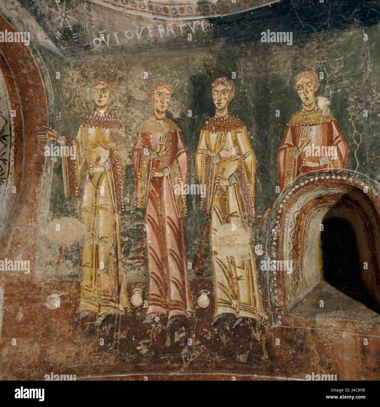 Cette œuvre, intitulée 'peintures de Pedret' de l'abside sud de l'église de Pedret, fait partie de la collection du MNAC (Musée National d'Art de Catalogne). Les fresques représentent des thèmes religieux et sont un exemple significatif de l'art catalan médiéval, mettant en valeur des détails complexes et l'iconographie historique de l'époque. Banque D'Images