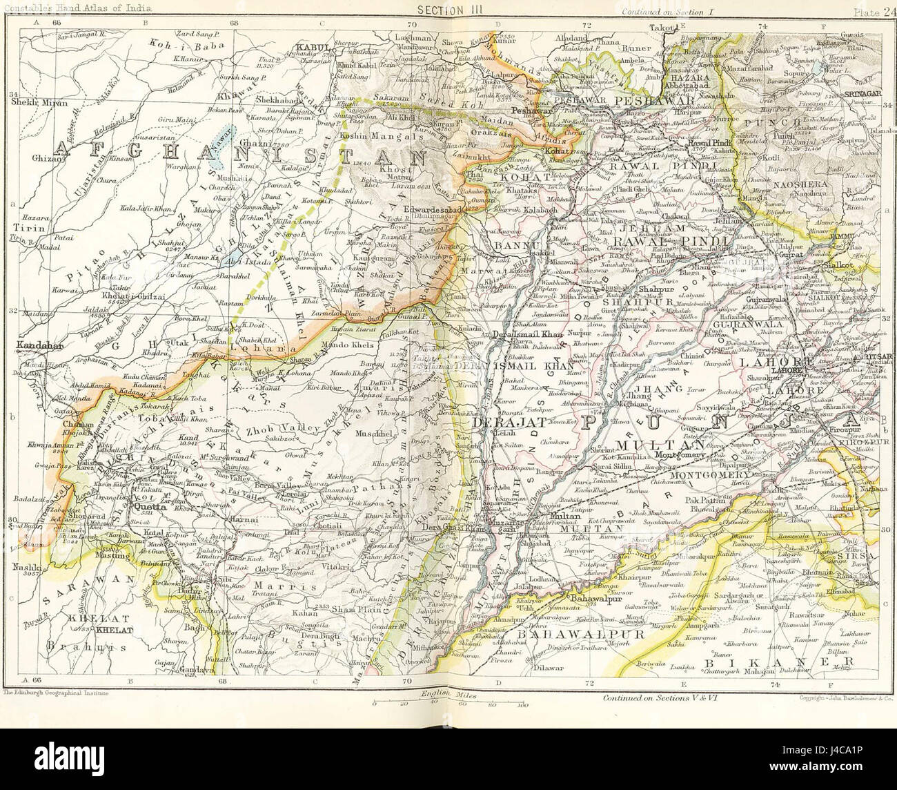 La planche 24 de l'atlas à main de 1893 de Constableâ€™s présente une carte détaillée de la frontière afghane, y compris le sud-est de l'Afghanistan et l'ouest du Pendjab. Il fournit un aperçu géographique de la région à la fin du XIXe siècle. Banque D'Images