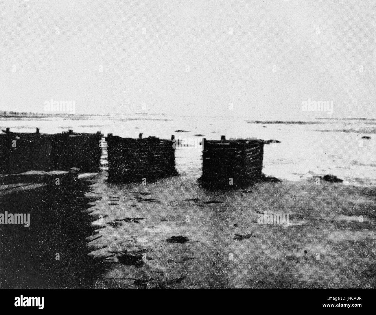 Cette illustration tirée de « Popular Science Monthly » (volume 44, D022) montre des plateaux en bois placés sur une surface macadamisée, probablement dans le cadre d'un processus industriel ou agricole. Banque D'Images