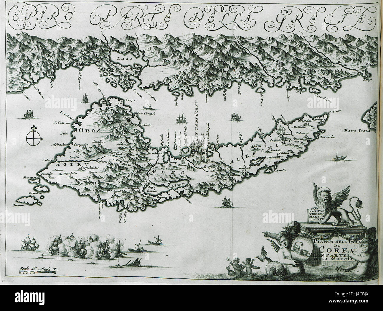 La carte de 1688 de l'île de Corfou et d'une partie de la Grèce, créée par Dapper Olfert, est une œuvre cartographique historique qui illustre la configuration géographique de la région à la fin du XVIIe siècle. Banque D'Images