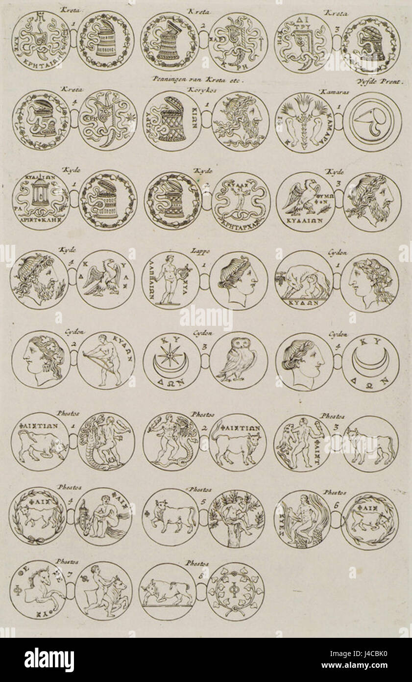 Le Penningen van Kreta d'Olfert Dapper, publié en 1688, est un ouvrage historique qui se concentre sur la monnaie et les systèmes économiques de la Crète antique, donnant un aperçu des pratiques financières historiques et de l'histoire économique de l'île. Banque D'Images