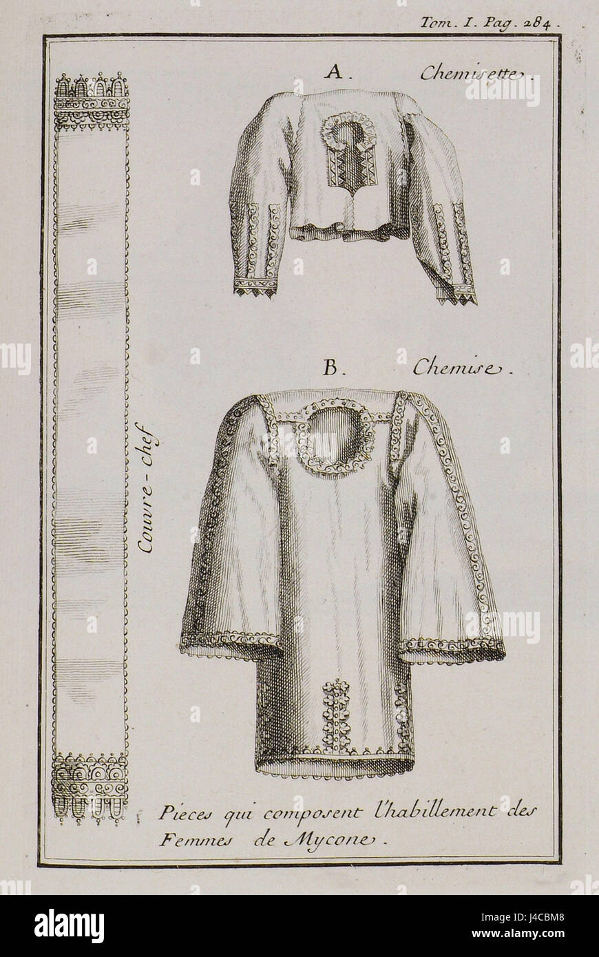 Ce titre fait référence à l'étude historique de Joseph Pitton de Tournefort, décrivant les vêtements des femmes de Mycone, une île grecque, en 1717, mettant en valeur les vêtements traditionnels. Banque D'Images