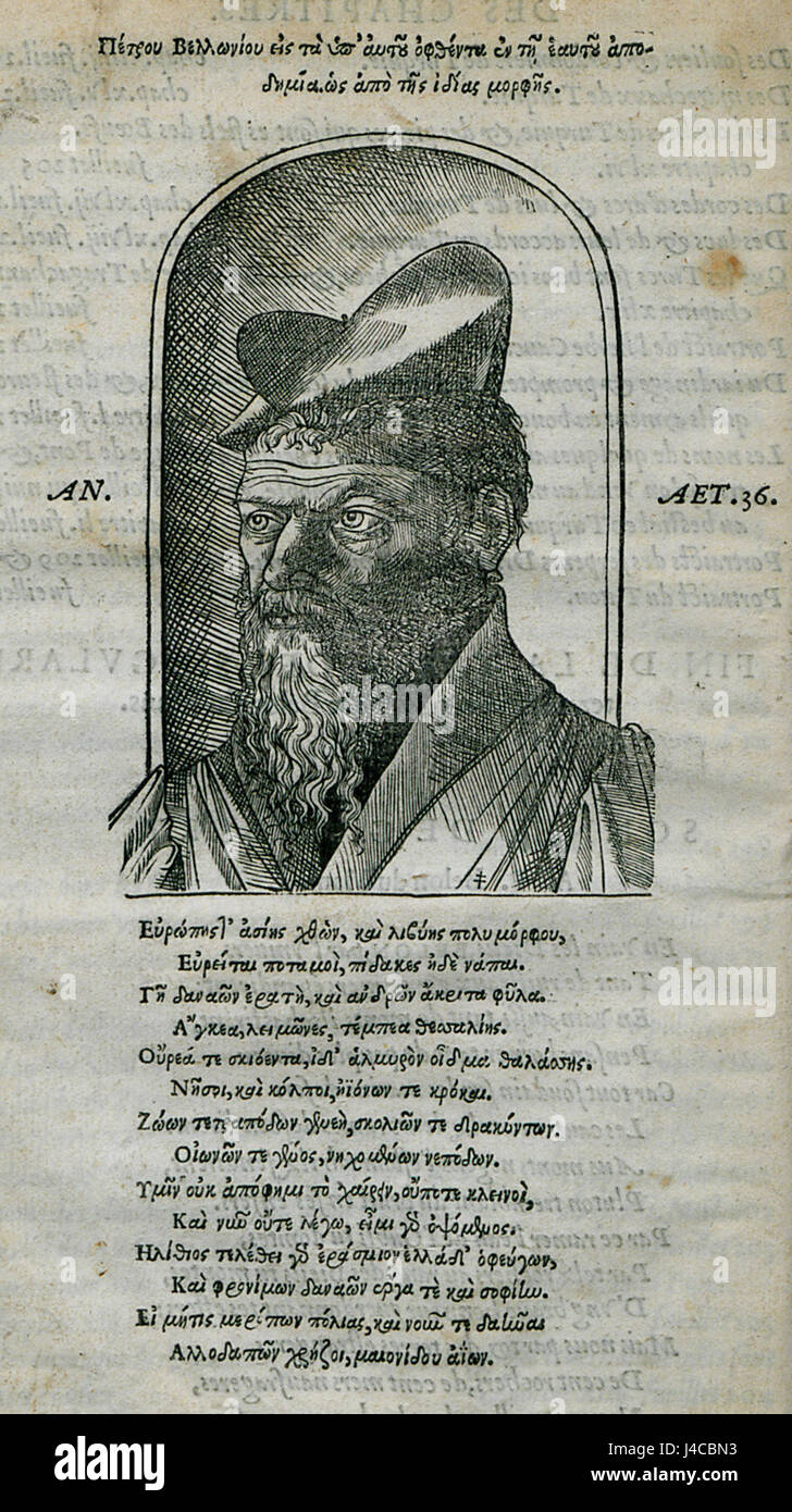 Portrait de Pierre Belon en 1554, accompagné d’un sonnet de Guillaume Aubert, célébrant la vie et l’œuvre du naturaliste français. Les contributions de Belon à la zoologie et ses écrits de voyage sont remarquables pour leur approche scientifique précoce. Banque D'Images