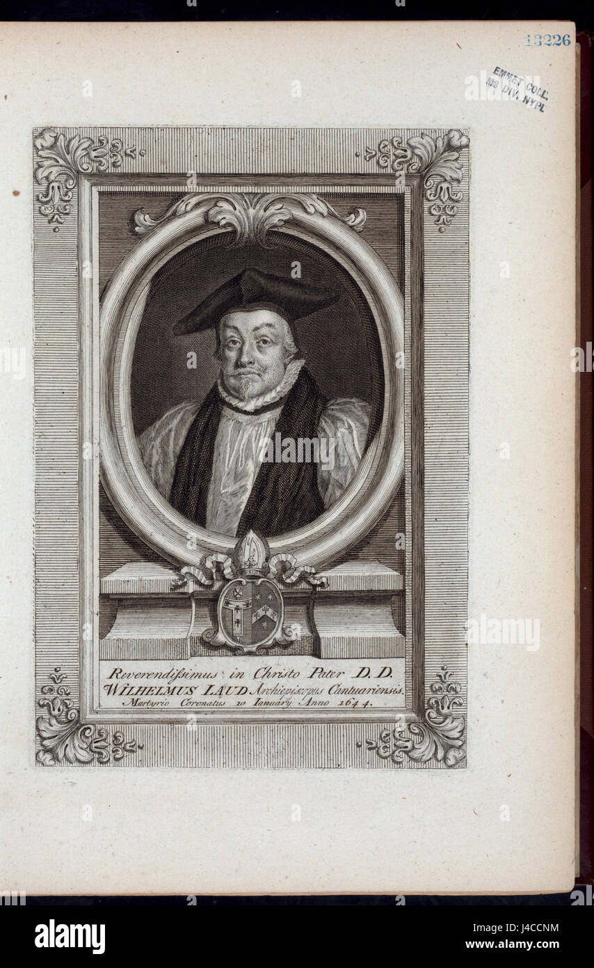 Ce document commémore le révérend D.D. Wilhelmus Laud, archevêque de Cantorbéry, martyrisé le 10 janvier 1644. Il reconnaît son service religieux et son martyre. Banque D'Images