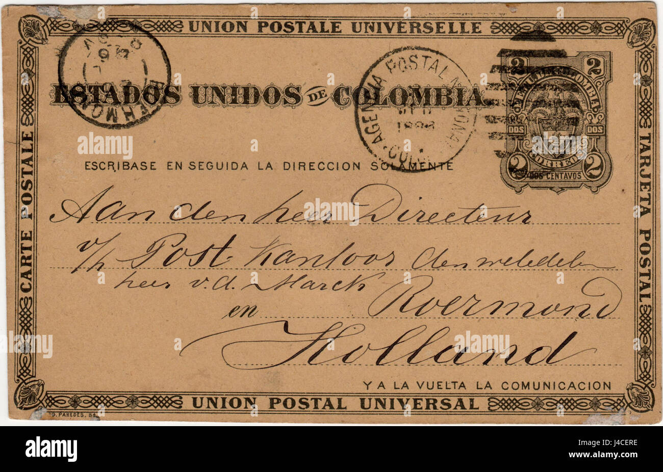 Cette carte postale de 1888, envoyée au maître de poste de Roermond, donne un aperçu de l'histoire postale et des pratiques de communication du XIXe siècle. Banque D'Images