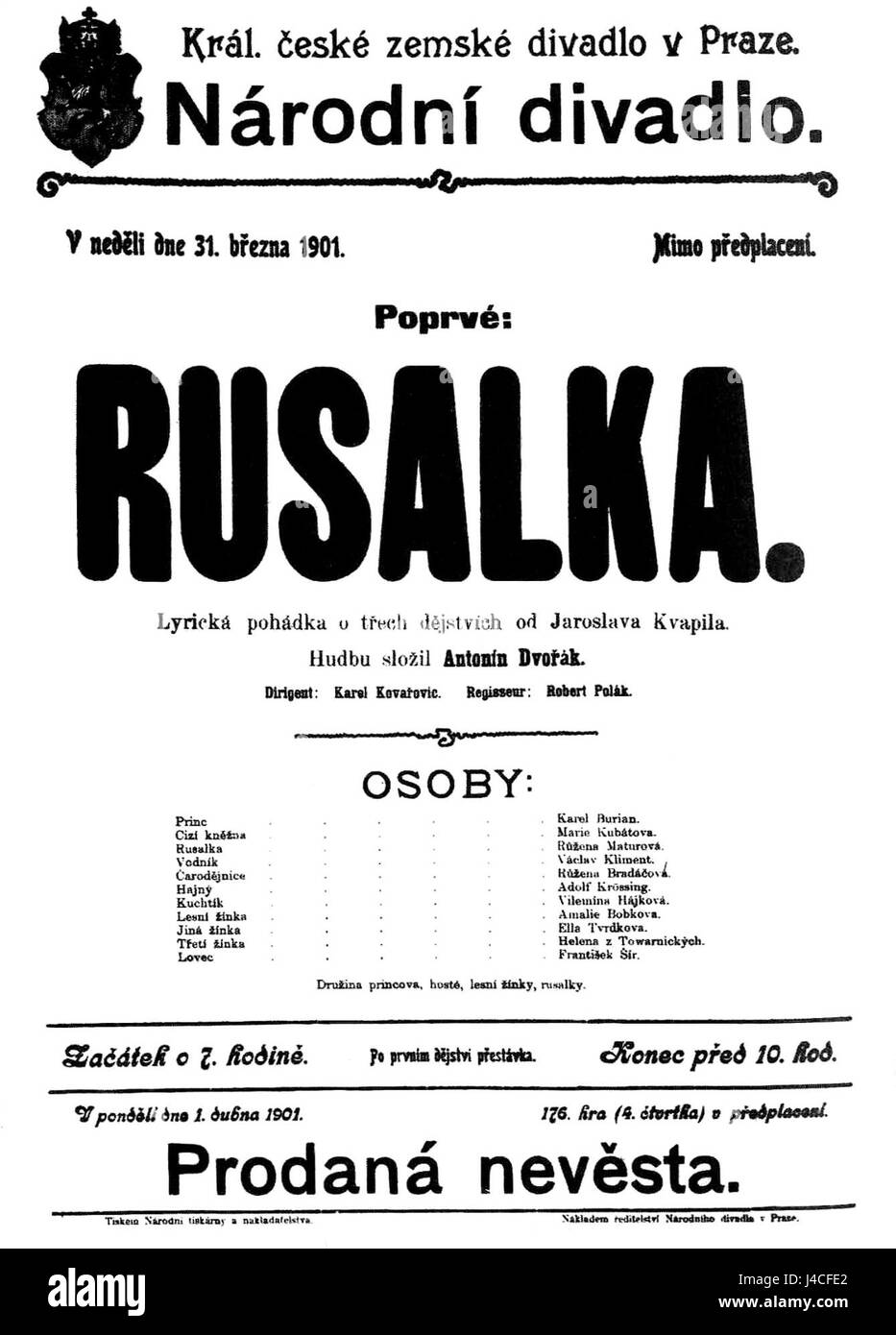 Cette affiche célèbre la première de l'opéra 'Rusalka' à Prague le 31 mars 1901. La performance a marqué un événement culturel important dans l'histoire de la musique tchèque. Banque D'Images Cette affiche célèbre la première de l'opéra 'Rusalka' à Prague le 31 mars 1901. La performance a marqué un événement culturel important dans l'histoire de la musique tchèque. Banque D'Images