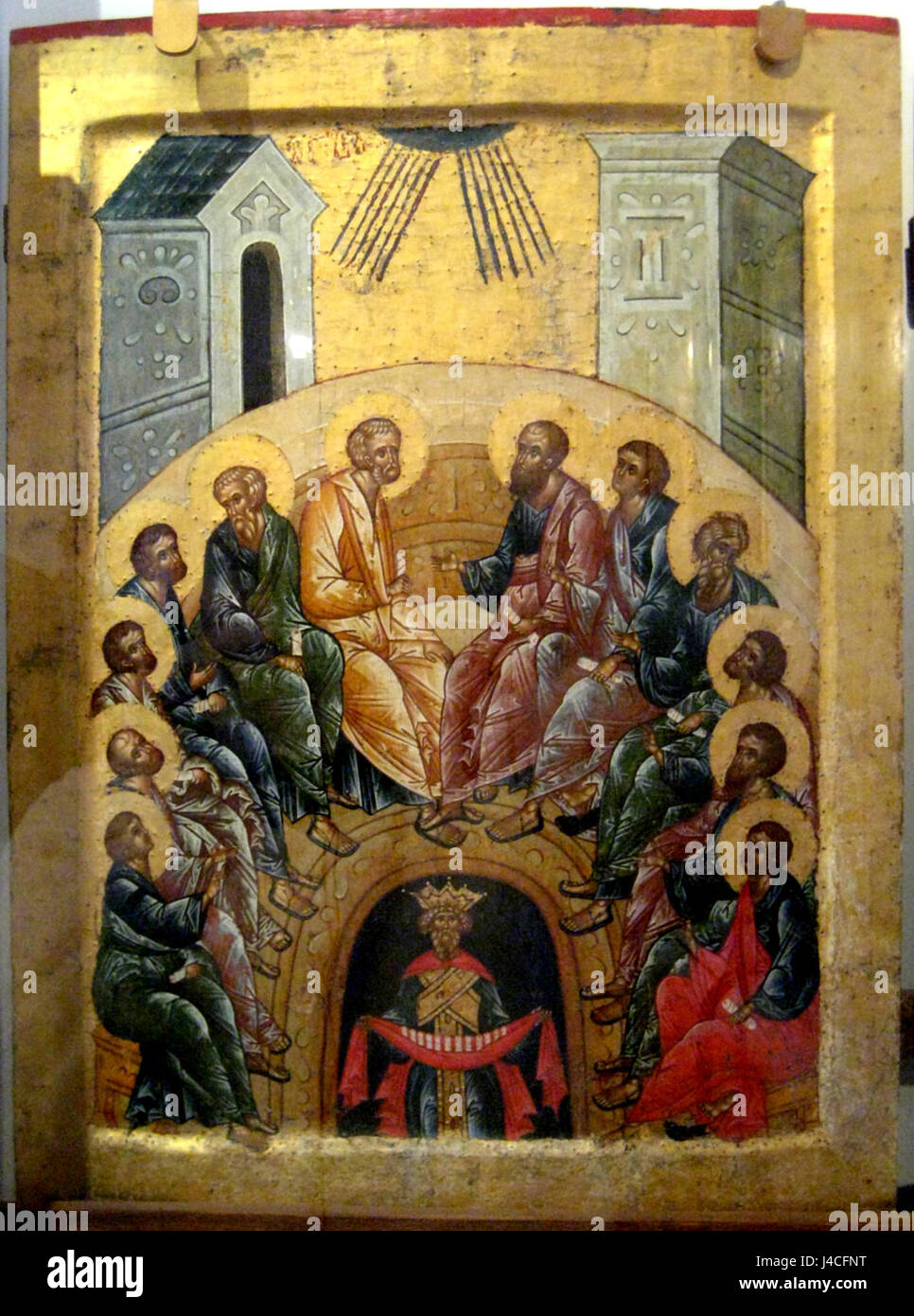 Une peinture religieuse intitulée « Pentecôte » par Kirillo Belozersk, représentant l'événement biblique de l'esprit Saint descendant sur les apôtres. Banque D'Images