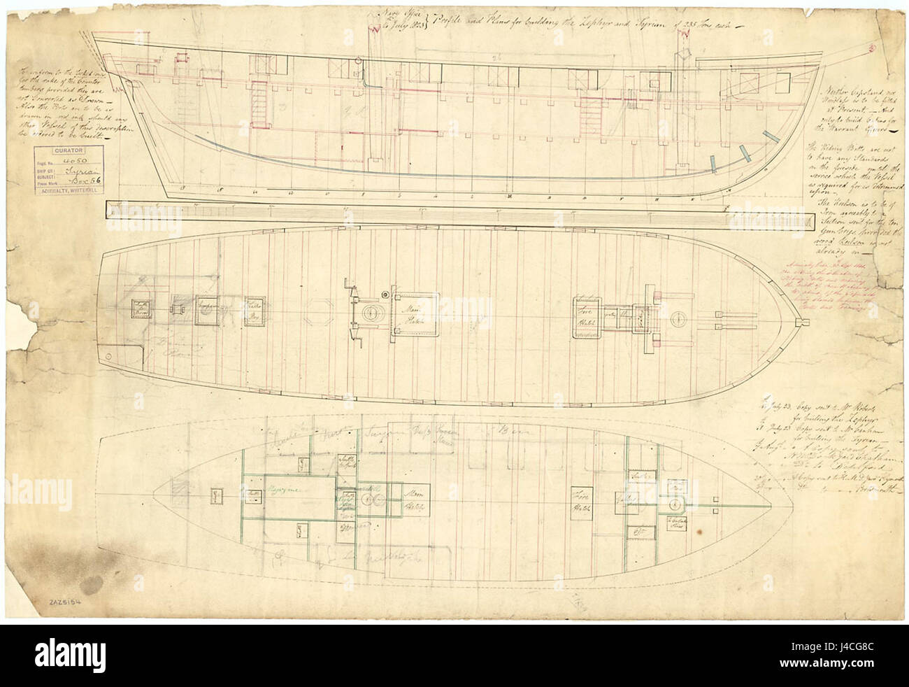Les plans du HMS Tyrian (1826) et du HMS Zephyr (1823) se réfèrent aux plans navals de deux navires de guerre britanniques du début du XIXe siècle. Les deux navires faisaient partie de la flotte de la Royal Navy, le Tyrian servant de brick-sloop et le Zephyr de sloop de guerre. Ces plans donnent un aperçu de leurs caractéristiques de construction et de conception. Banque D'Images