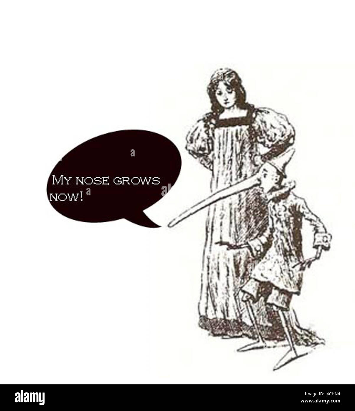 Le paradoxe de Pinocchio est un paradoxe auto-référentiel lié au célèbre personnage de 'Pinocchio' de Carlo Collodi. Le paradoxe surgit quand Pinocchio dit : « mon nez va pousser maintenant », créant une contradiction logique sur la question de savoir si sa déclaration est vraie ou fausse. Banque D'Images