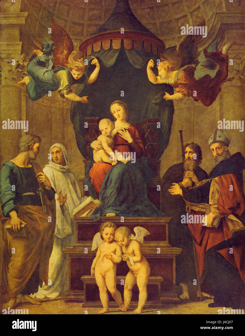 La Madonna Baldachin de Raphaël représente une œuvre d'art de la Renaissance de Raphaël, mettant en valeur sa maîtrise de la peinture religieuse et de la conception architecturale dans des contextes religieux. Banque D'Images