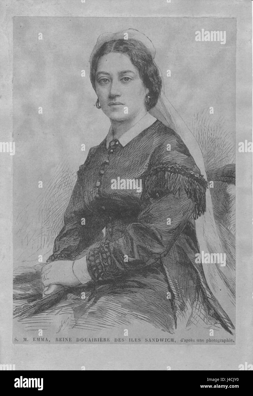 Gravure sur bois de la reine Emma d'Hawaï, créée d'après une photographie, illustrant son comportement royal et son importance dans l'histoire hawaïenne. Banque D'Images