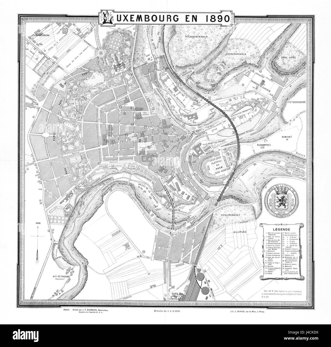Une carte de Luxembourg de 1890, créée par Jean-Pierre Biermann, illustrant le tracé de la ville à cette époque. Banque D'Images