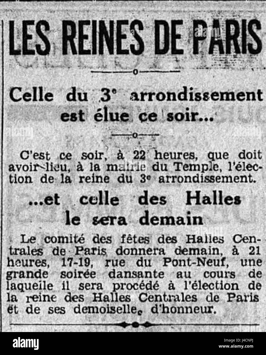 « Reines de Paris » (Reines de Paris) était probablement un événement important ou une exposition organisée à Paris en 1937. Le titre pourrait faire référence soit à un événement culturel, soit à une représentation artistique mettant en valeur des femmes éminentes de Paris. Banque D'Images