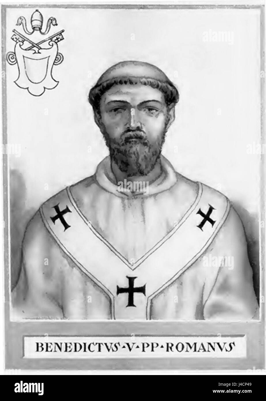 Ceci fait référence à une illustration du pape Benoît V, un pape du Xe siècle qui a servi une brève papauté au cours d'une période turbulente de l'histoire de l'Église catholique. Banque D'Images