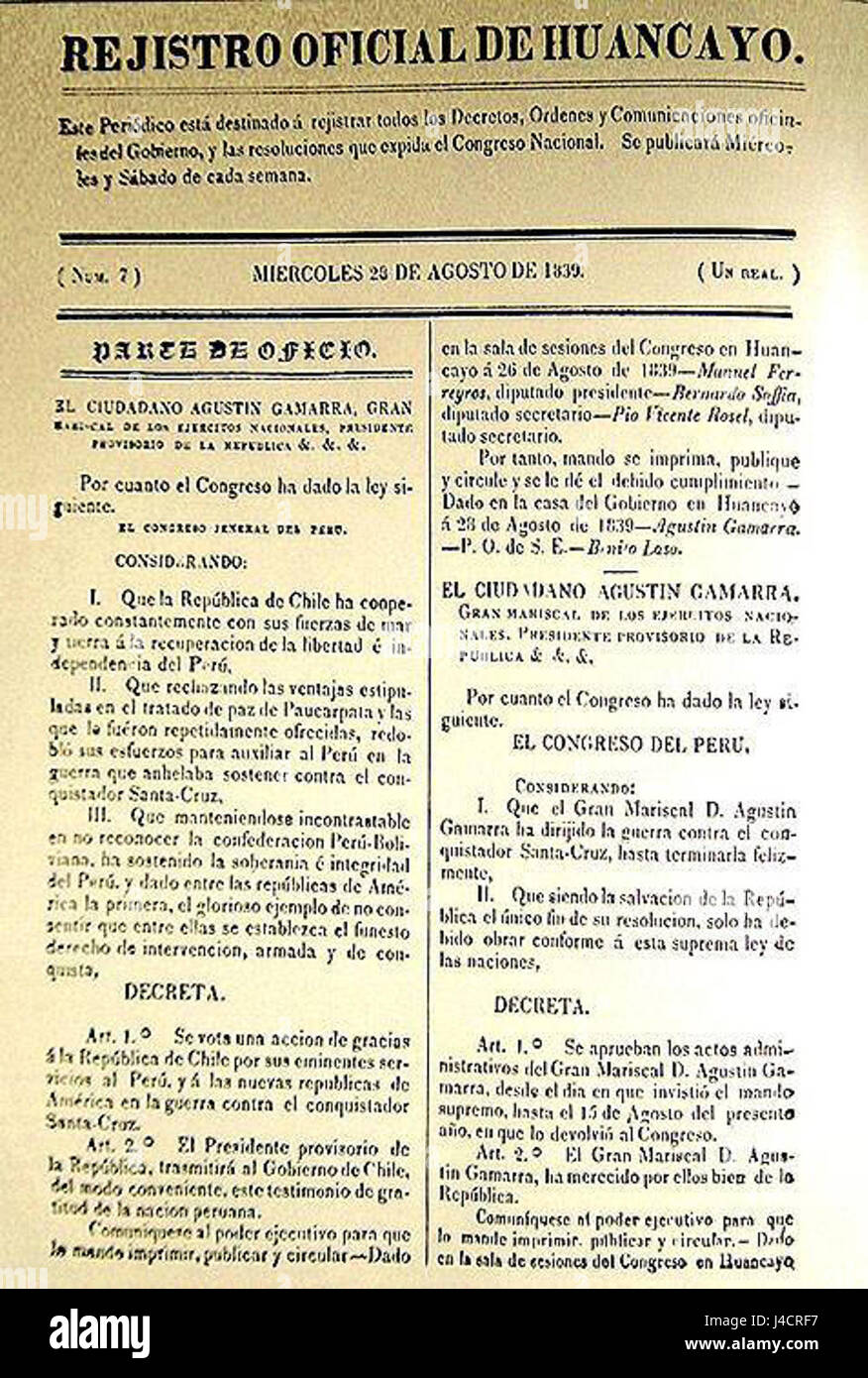 Le 'Registro Oficial de Huancayo' de 1839 est un document officiel de Huancayo, Pérou. Il donne un aperçu de la gouvernance locale et de la structure administrative de la région au XIXe siècle. Banque D'Images