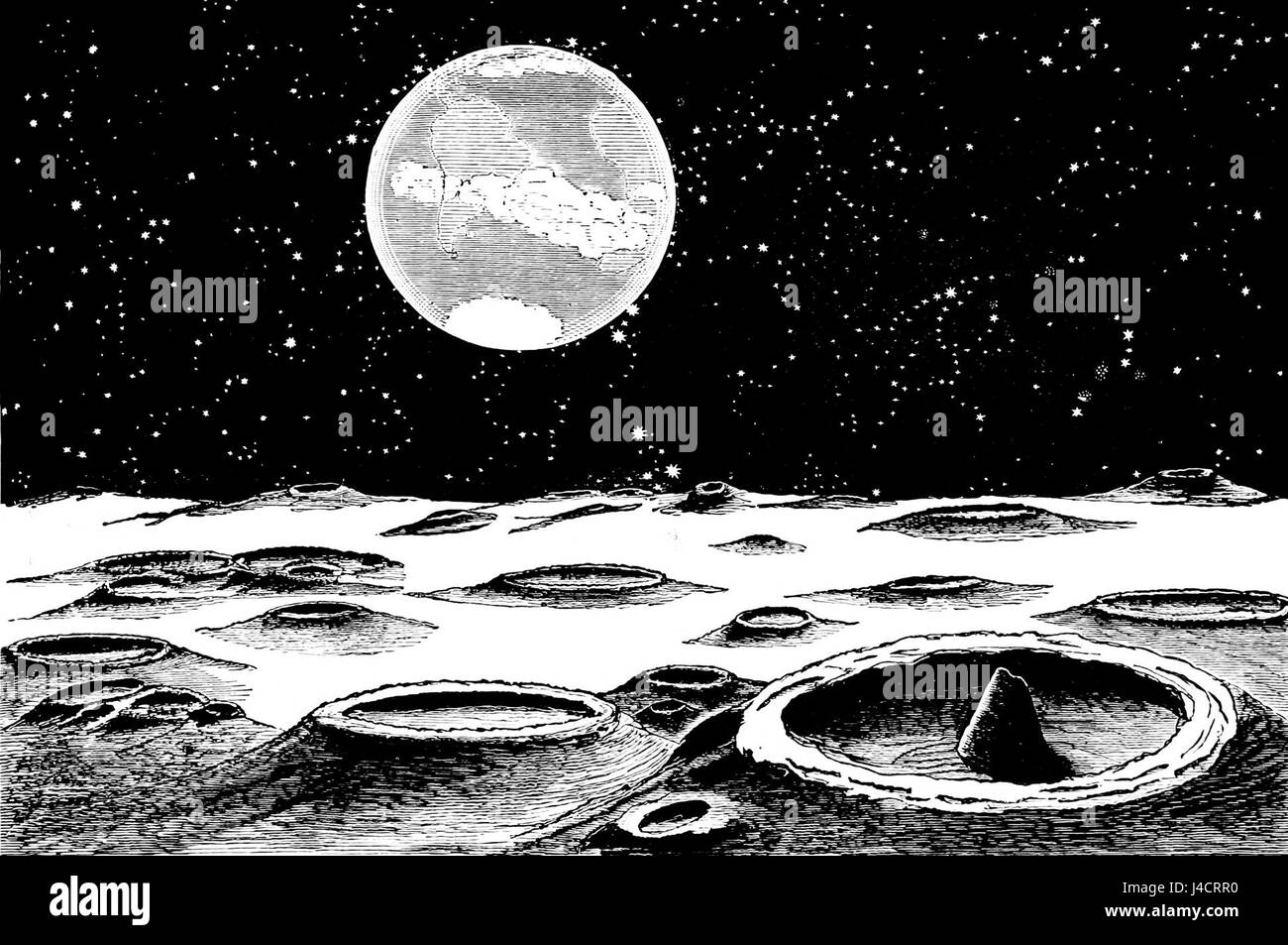 PSM V03 D776 représente un paysage lunaire, mettant en valeur la surface de la Lune telle qu'observée dans les premières publications scientifiques. L'image met en évidence les cratères, le terrain rocheux et la beauté sauvage et désolée de l'environnement lunaire, contribuant ainsi aux premières études astronomiques. Banque D'Images