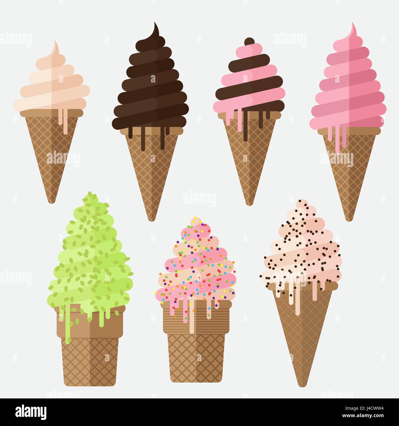 Jeu de Ice cream cone vector illustration plate. Stroberry crème glacée, chocolat et vanille cônes. Blueberry ice cream cone, Glace Pistache. Illustration de Vecteur