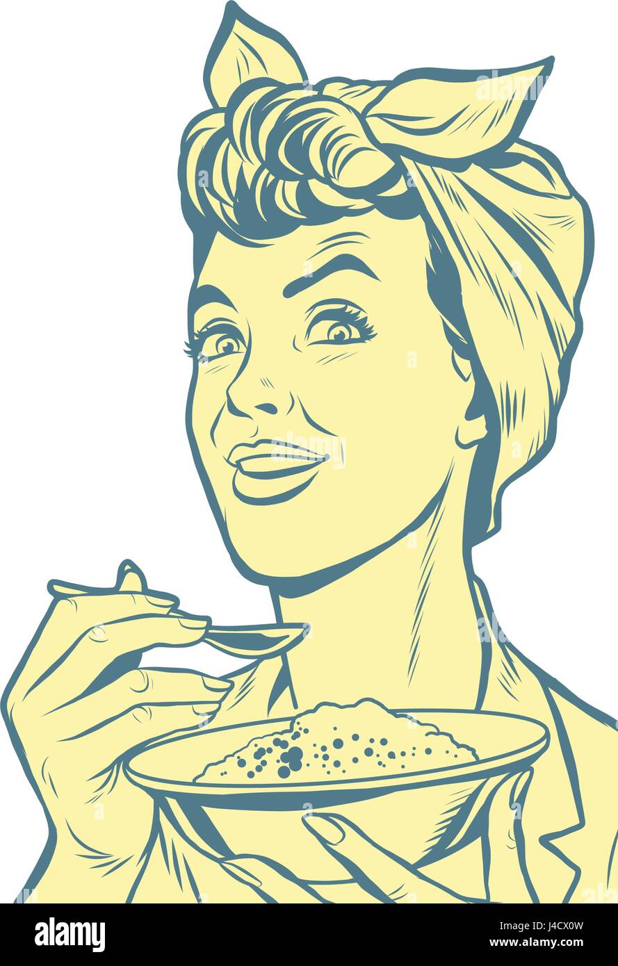 Retro femme avec un bol de céréales, fond isolé Illustration de Vecteur