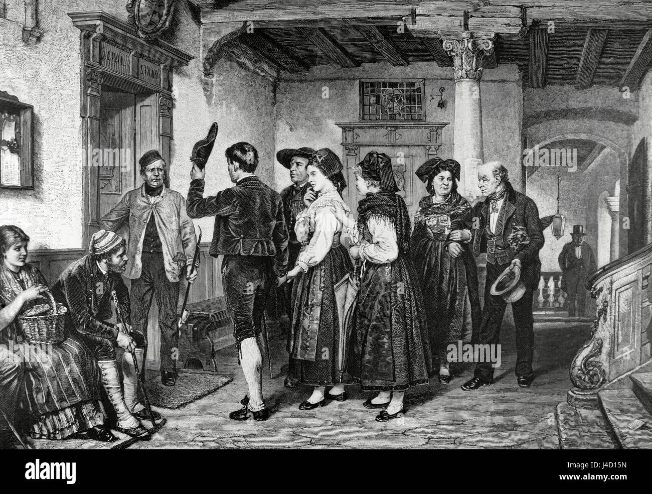 Le mariage civil. Gravure de Richard Brend'amour (1831-1915) D'après une peinture par l'artiste suisse Benjamin Vautier (1829-1898). 'La Ilustracion Artistica', 1884. Banque D'Images