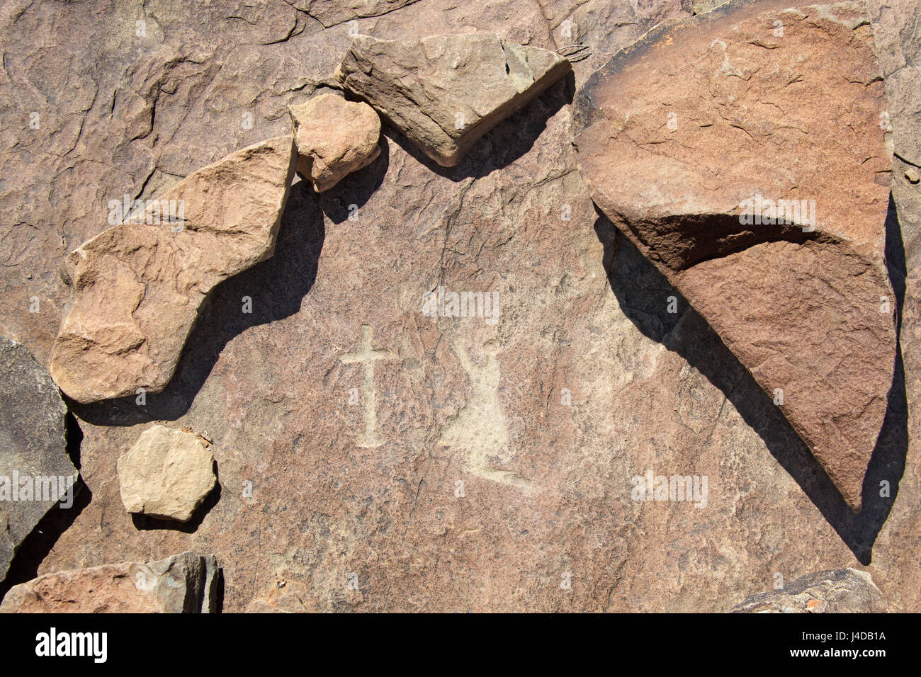 Au début de l'art rupestre religieuse européenne figure priant Ganora Guest Farm près de Nieu Bethesda Karoo Cap Afrique du Sud Banque D'Images