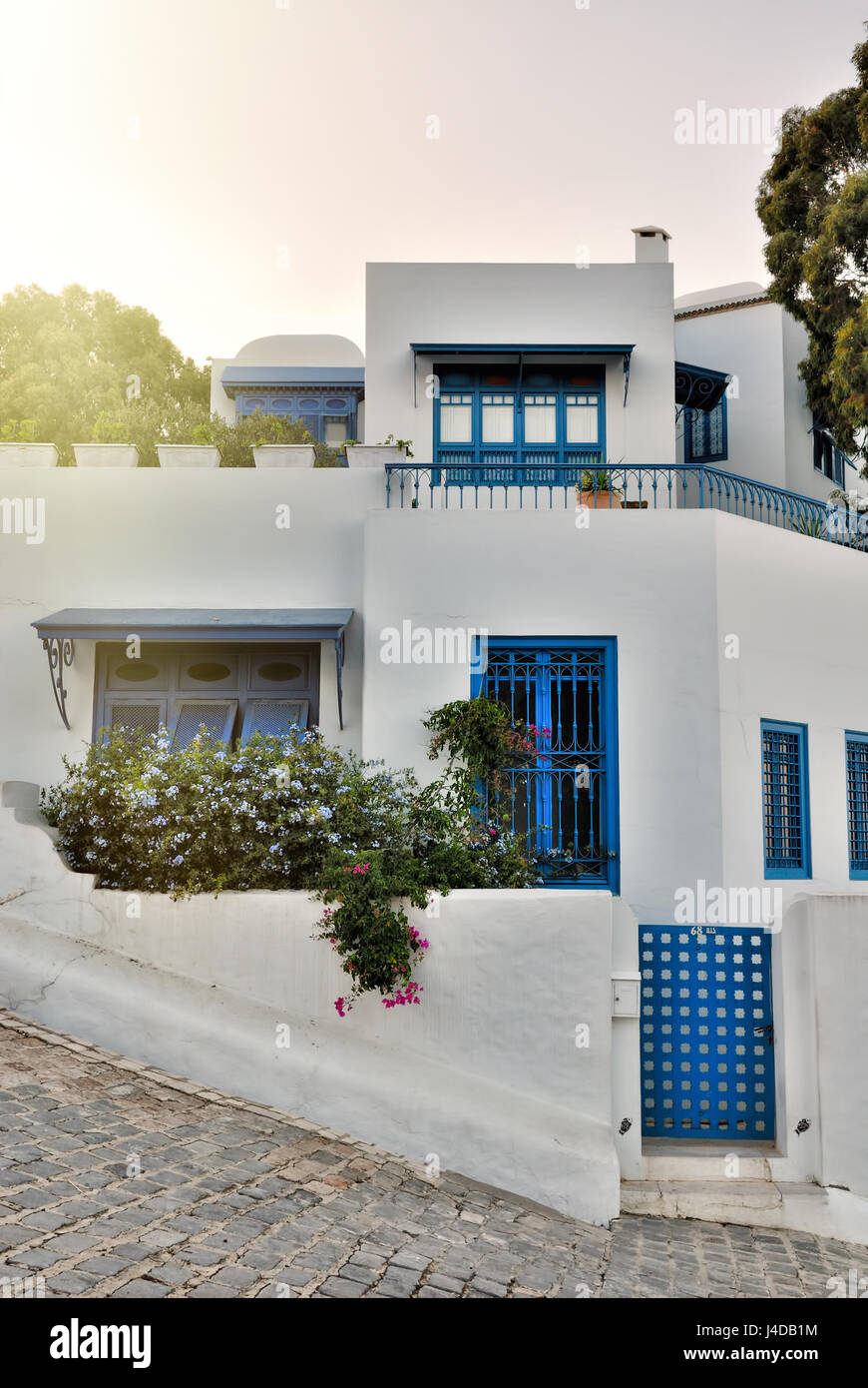 Vue du coucher de Sidi Bou Said villa, Afrique, Afrique du Nord, Tunisie, Sidi Bou Said Banque D'Images