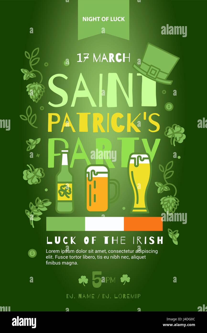 Flyer dans la pub sur St Patrick's Day. L'affiche peut être utilisé pour une fête ou un concert. Style d'arrière-plan vert ligne mince Illustration de Vecteur