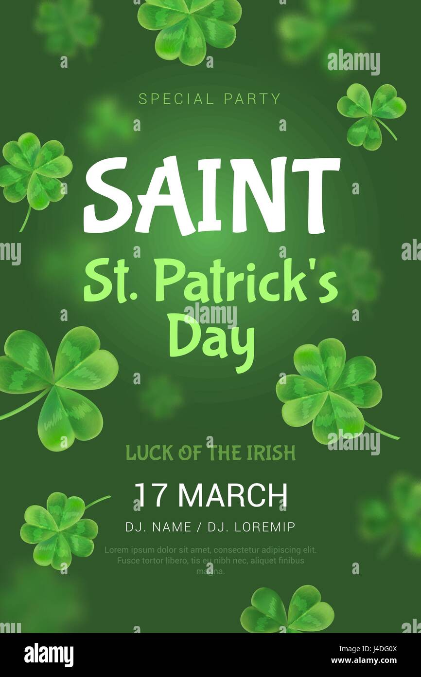 L'affiche pour une fête en l'honneur de la Saint-Patrick. Flyer dans la pub pour le reste. Vector poster Effet 3d avec les trèfles se disperser. Illustration de Vecteur