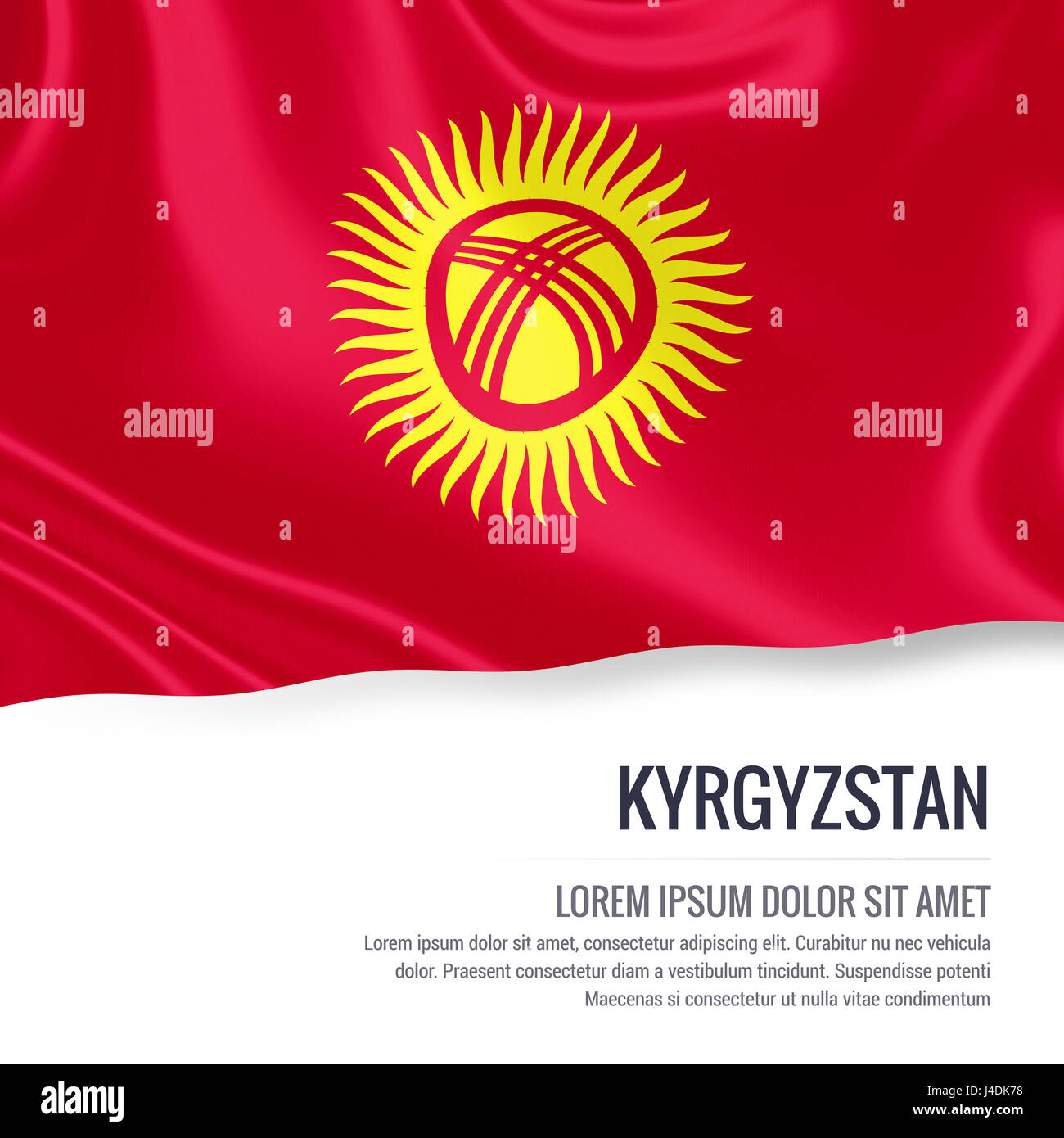 Drapeau soyeux du Kirghizistan forme sur un fond blanc avec le texte en blanc pour votre message publicitaire. Le rendu 3D. Banque D'Images