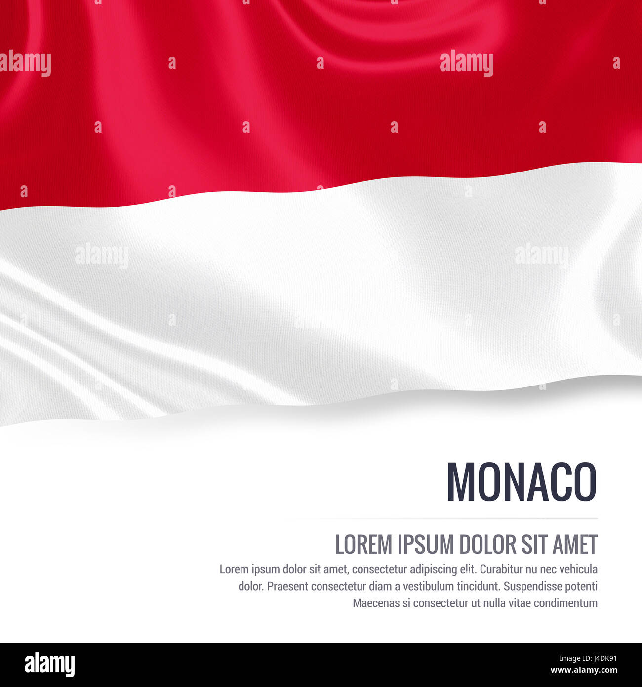 Drapeau de Monaco soyeux forme sur un fond blanc avec le texte en blanc pour votre message publicitaire. Le rendu 3D. Banque D'Images