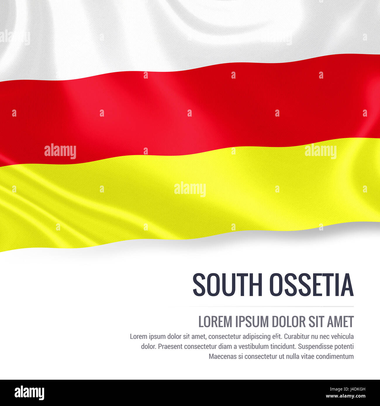 Drapeau soyeux de l'Ossétie du Sud forme sur un fond blanc avec le texte en blanc pour votre message publicitaire. Le rendu 3D. Banque D'Images