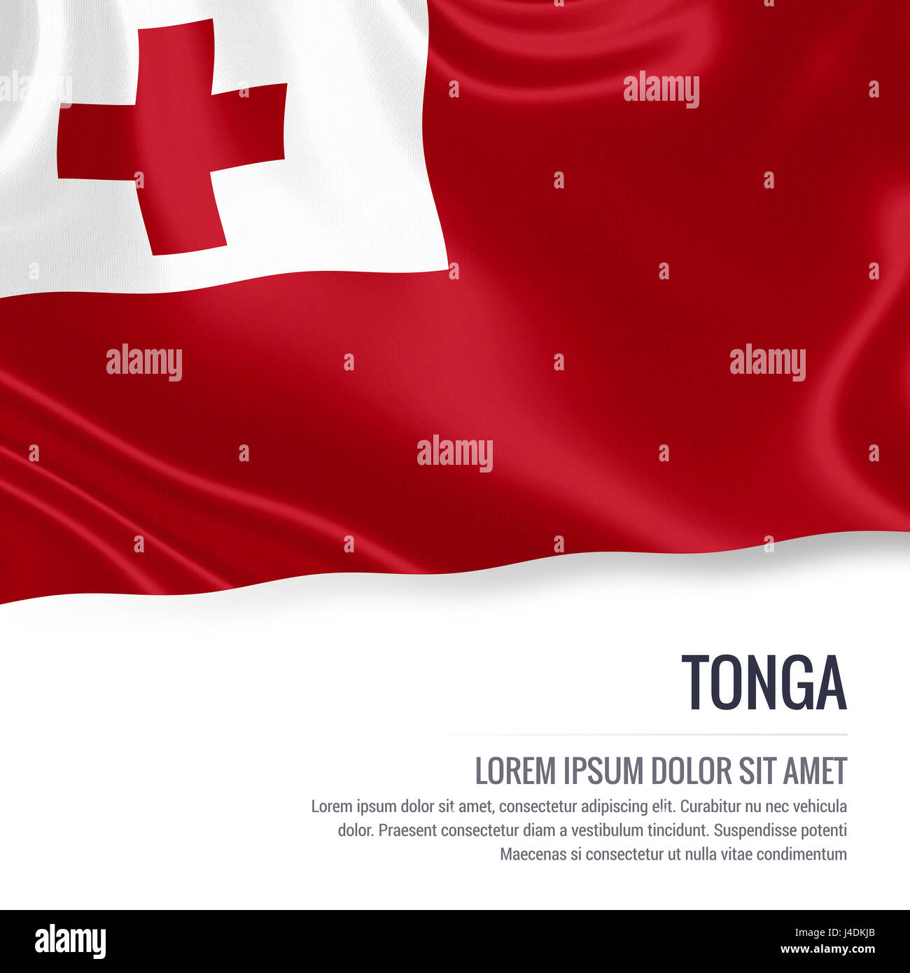 Drapeau des Tonga soyeux forme sur un fond blanc avec le texte en blanc pour votre message publicitaire. Le rendu 3D. Banque D'Images