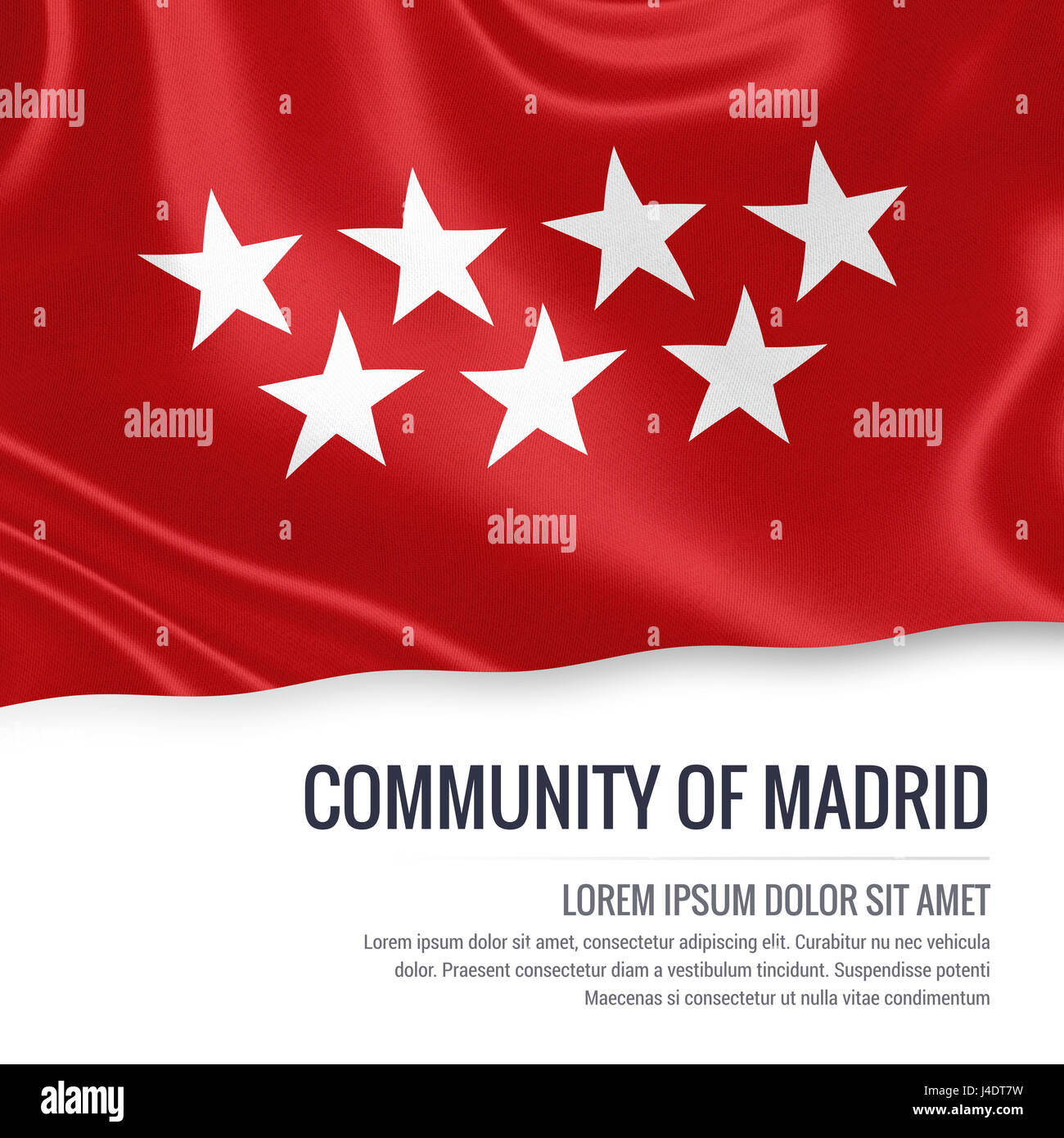 L'état espagnol Communauté de Madrid drapeaux sur un fond blanc. Nom de l'état et la zone de texte pour votre message. Le rendu 3D. Banque D'Images