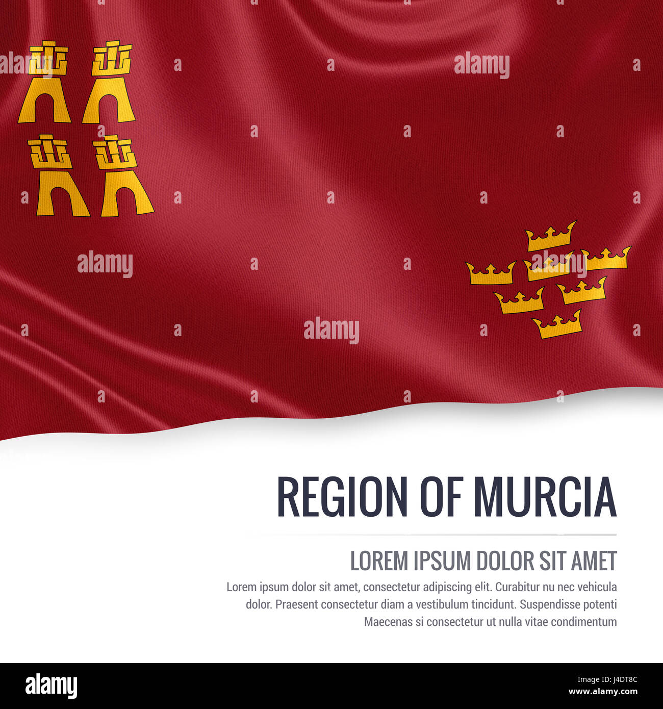 L'état espagnol Région de Murcie drapeaux sur un fond blanc. Nom de l'état et la zone de texte pour votre message. Le rendu 3D. Banque D'Images