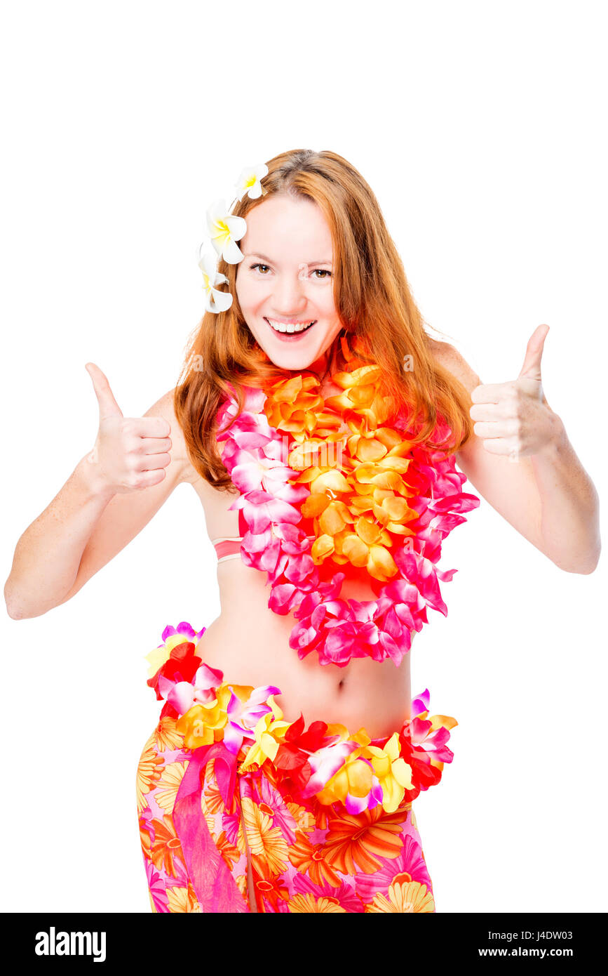 Dans Hawaiian girl élégante vêtements posant sur fond blanc en studio Banque D'Images