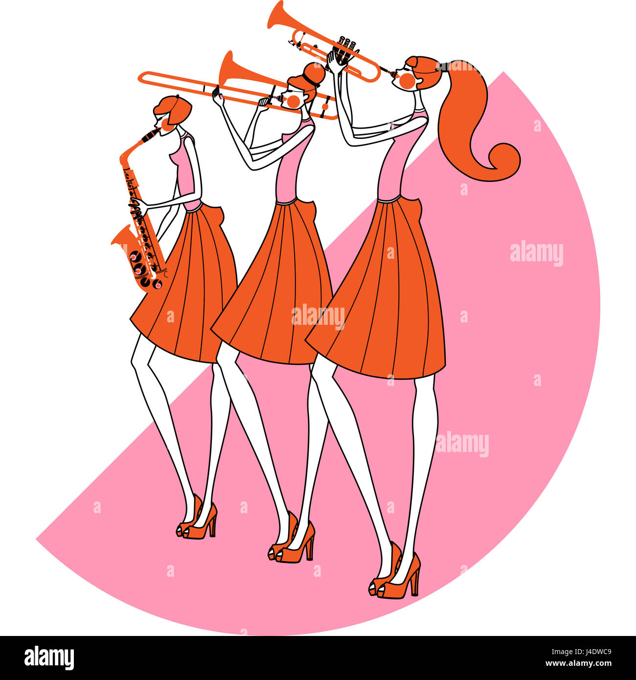 Femmes jouant des instruments à vent contre demi-cercle rose Banque D'Images