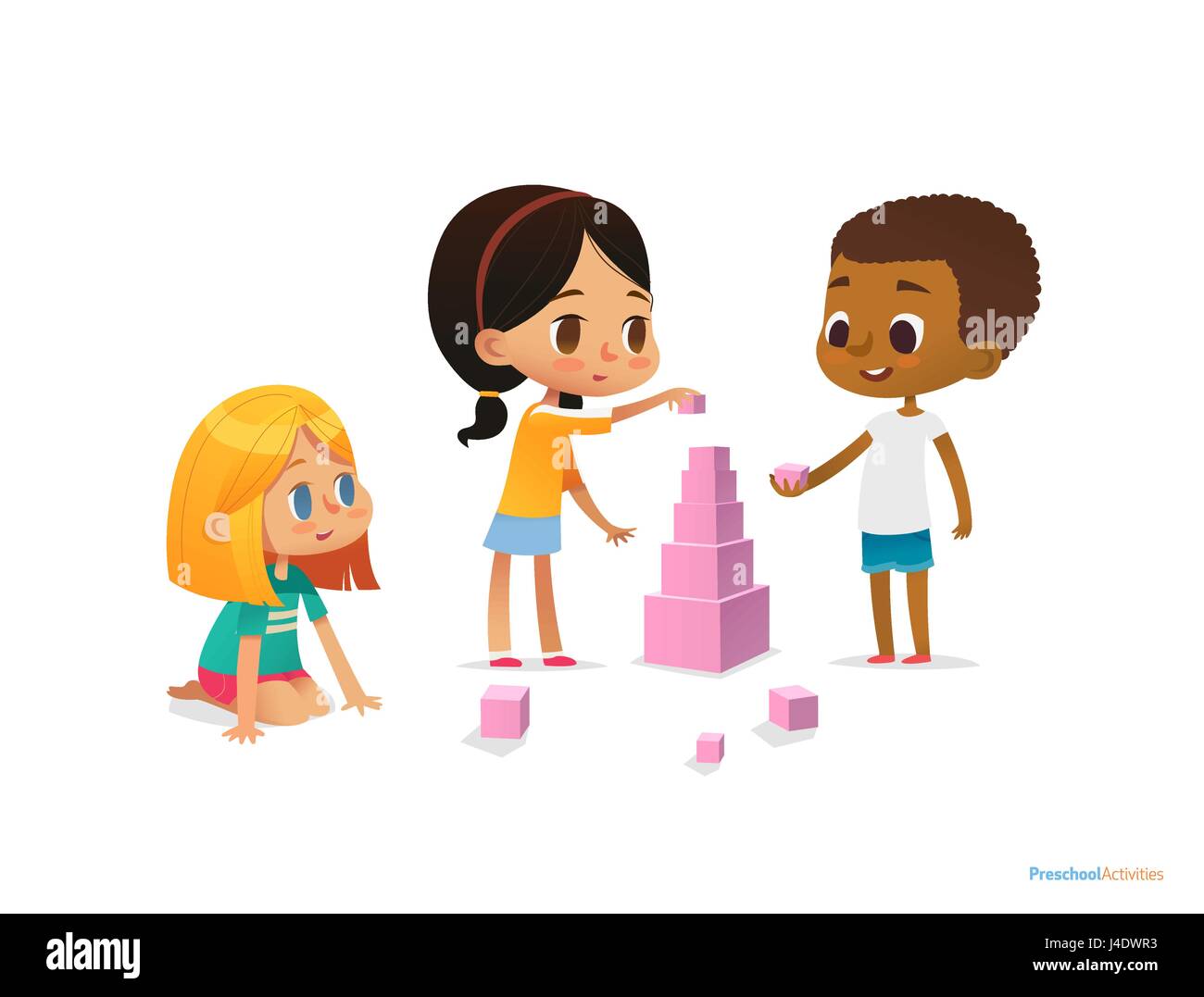 Enfants multiraciale tour construite avec des blocs de couleur rose. Les  enfants jouent à l'aide du kit avec des cubes de couleur. Matériel  Montessori concept. Vector illustration pour l'affiche, bannière, site web,