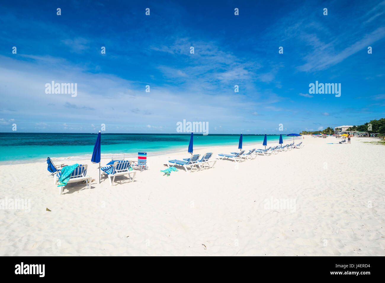 Chaises longues sur world class Shoal Bay East Beach, Anguilla, territoire britannique d'Outremer, Antilles, Caraïbes, Amérique Centrale Banque D'Images