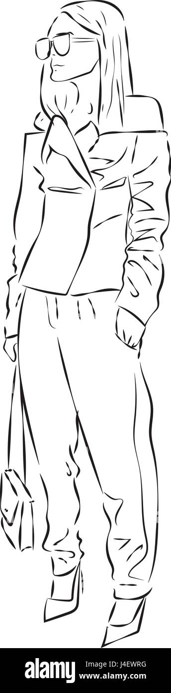 Fashion girl sexy au croquis dessin silhouette style , contour vector illustration dessiné à la main Illustration de Vecteur