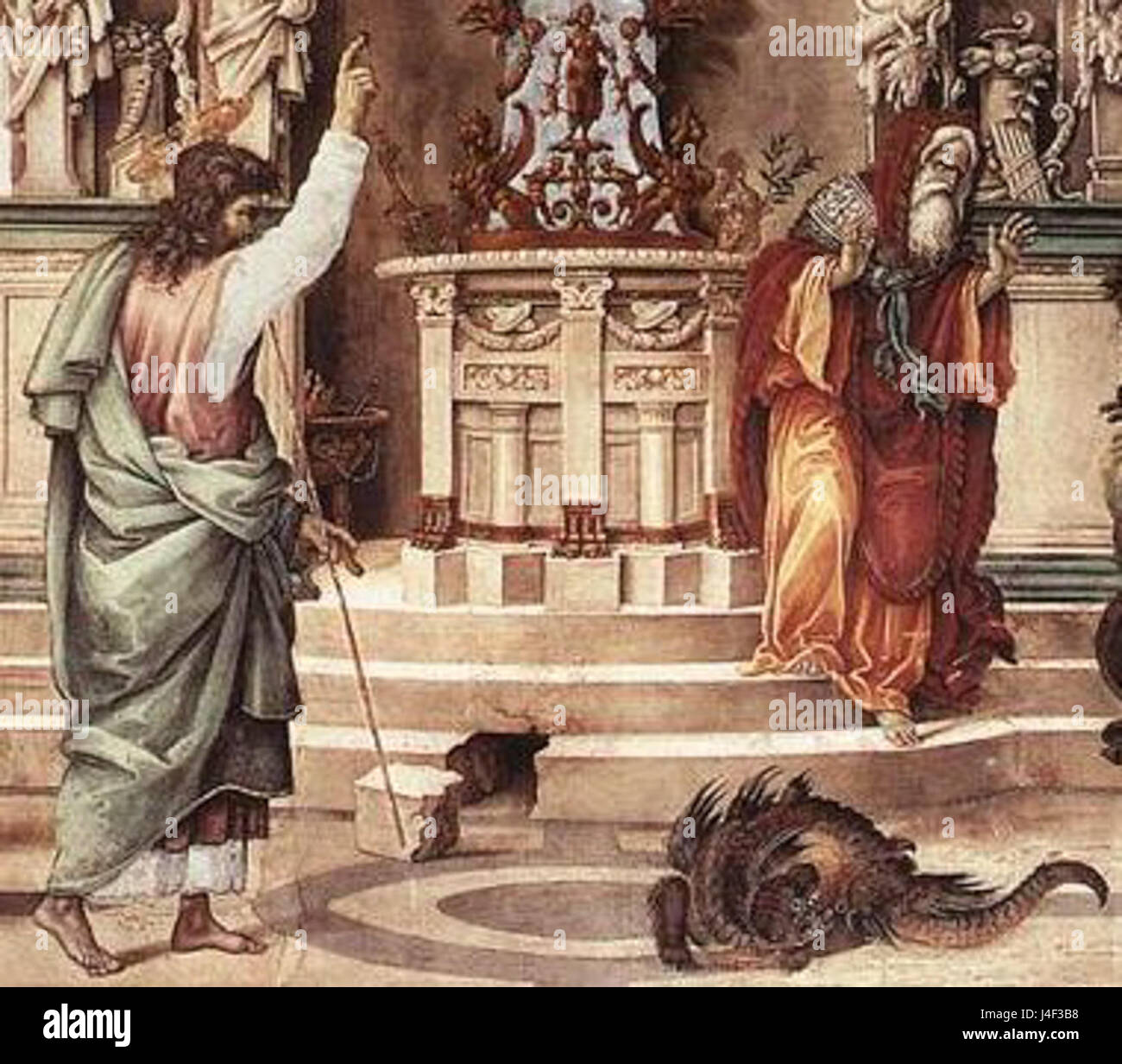 Cette œuvre de Filippino Lippi montre la légende de Philippe chassant un dragon hors du temple de Hieropolis, combinant des éléments religieux et mythiques dans la représentation. Banque D'Images