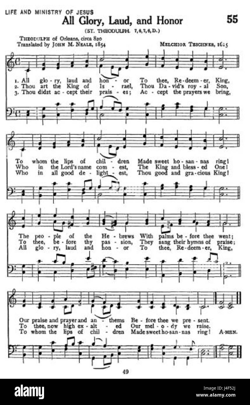 All Glory, Laud, and Honor est un hymne communément chanté dans les liturgies chrétiennes. Il célèbre l'entrée triomphale de Jésus à Jérusalem, souvent effectuée pendant les services du dimanche des Rameaux. Banque D'Images