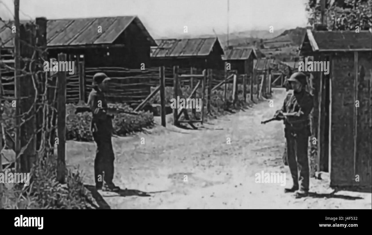 Cette photographie, intitulée 'Notlandung 37 58 Wauwilermoos', capture un atterrissage d'urgence spectaculaire à Wauwilermoos en Suisse. Il présente des gardes suisses stationnés avec des fusils et des barbelés à l'entrée, ajoutant à l'atmosphère tendue entourant la situation. Banque D'Images