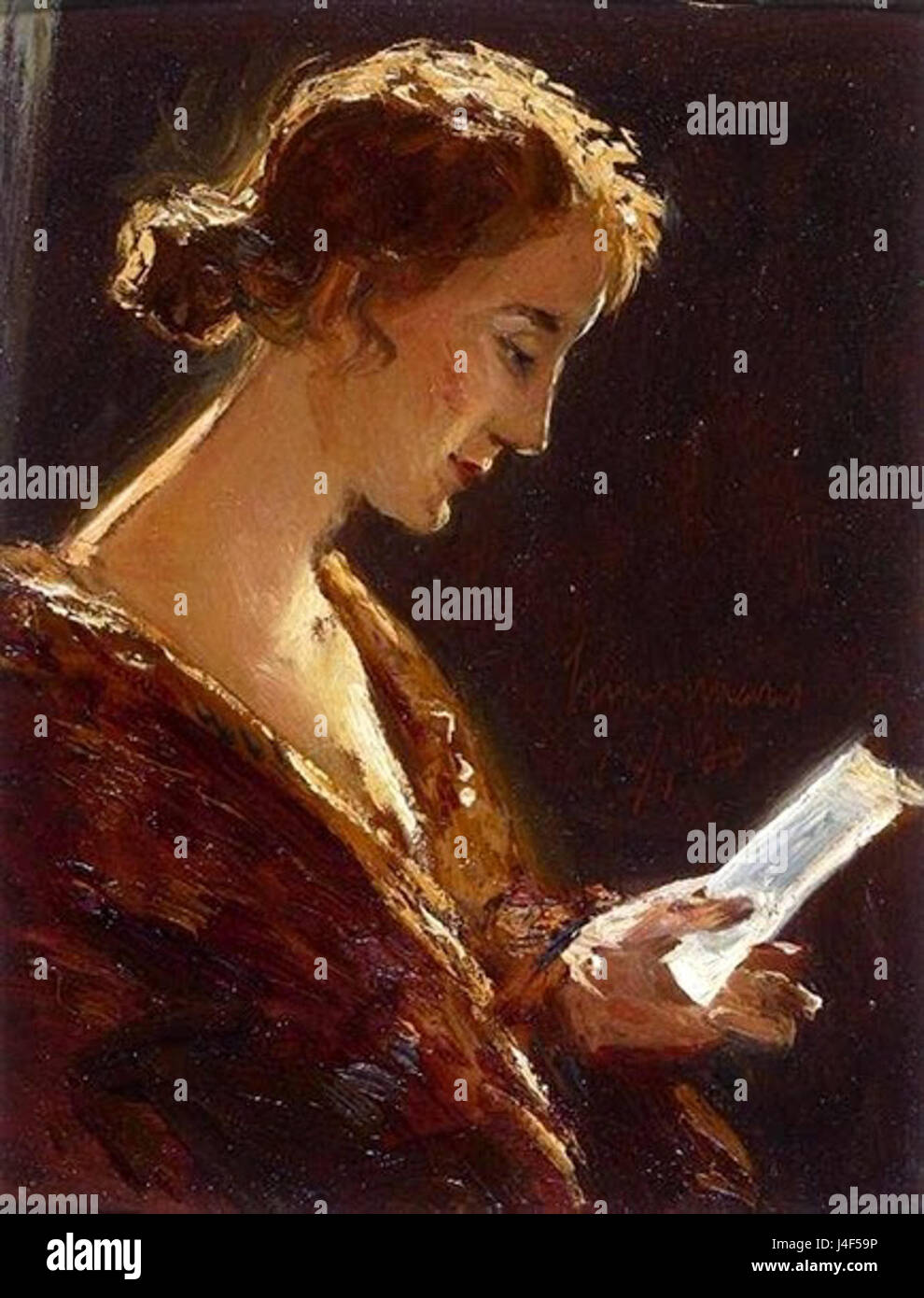 Une peinture de Simon Maris intitulée « Lezende vrouw » représentant une femme lisant, montrant l'habileté de Maris à capturer les moments quotidiens dans un style naturaliste. Banque D'Images