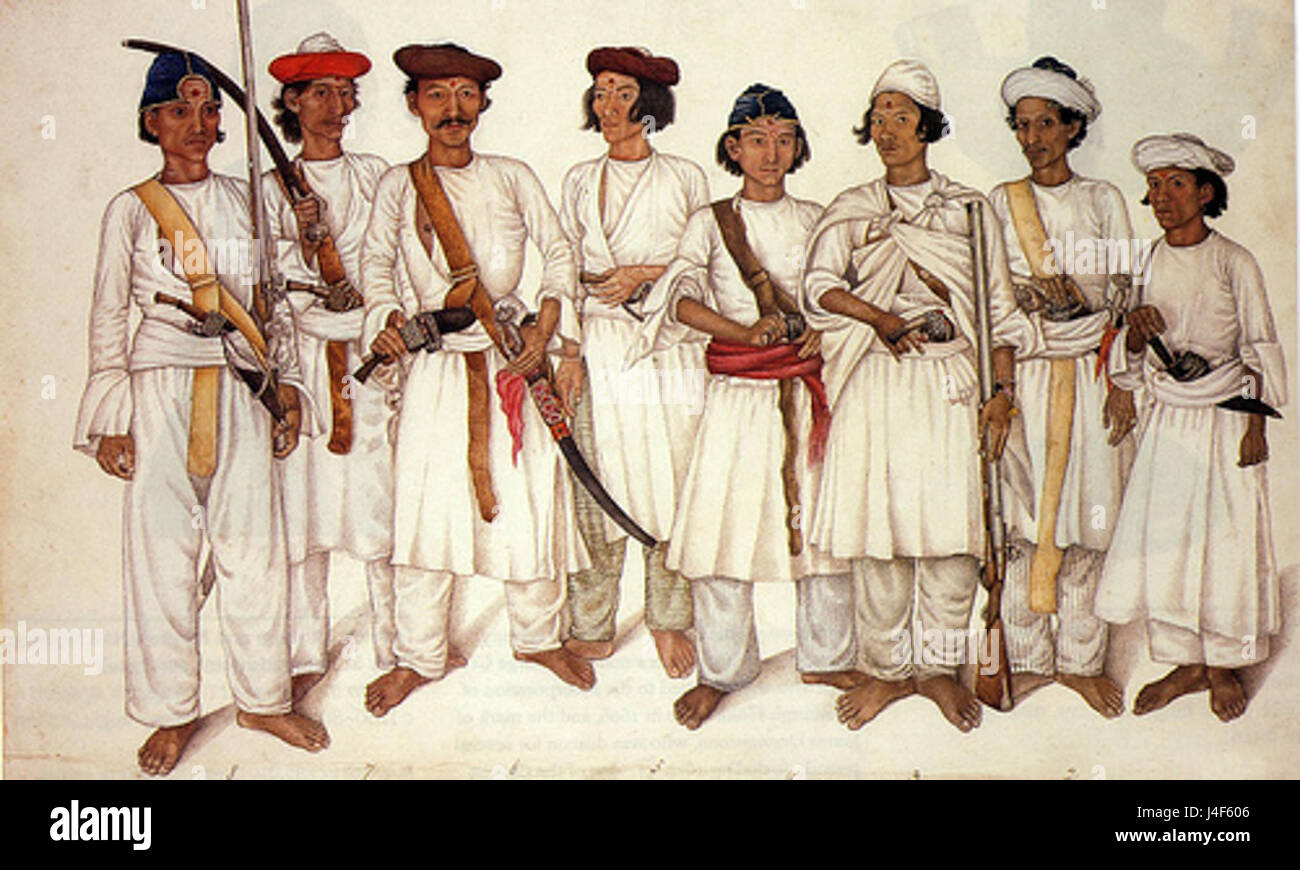 Cette peinture indienne britannique de 1815 représente huit soldats Gurkha, mettant en valeur leur tenue traditionnelle et leur présence militaire. L'œuvre met en évidence le rôle des Gurkhas dans l'Inde britannique au début du XIXe siècle. Banque D'Images