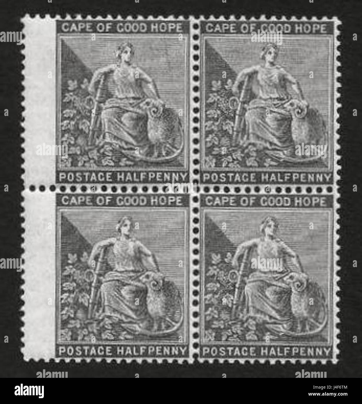 Cette image représente un bloc de quatre timbres de 1875 Cape of Good Hope Half Penny, avec une couleur gris-noir et un filigrane Crown CC. Ces timbres sont des objets philatéliques précieux. Banque D'Images