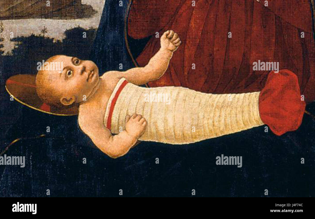 La Vierge à l'enfant d'Alesso Baldovinetti est une peinture religieuse représentant la Vierge Marie et le Christ enfant. Cette version recadrée présente les figures centrales dans un cadre serein et dévotionnel. Banque D'Images