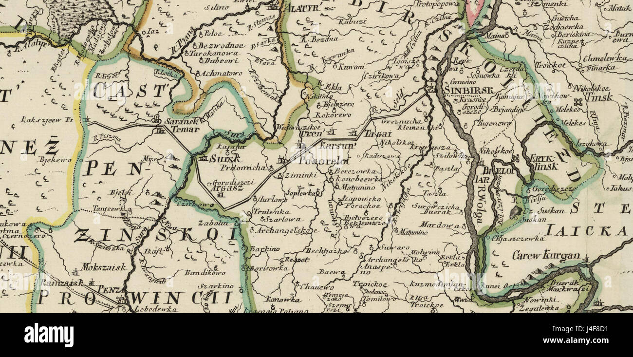 La carte de l'Empire russe de 1745, intitulée 'Simbirskaja Cherta', est un document historique décrivant les territoires et les frontières administratives de l'Empire russe au cours du XVIIIe siècle. La carte est en latin et donne un aperçu de la structure territoriale de l'empire. Banque D'Images