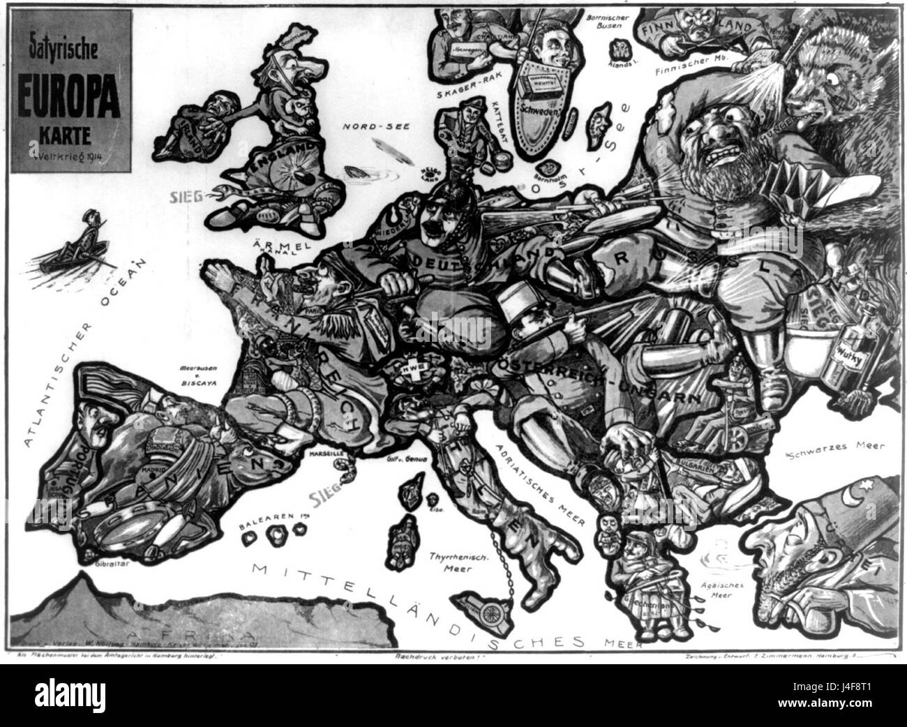 Carte satirique de l'Europe, 1914 Banque D'Images