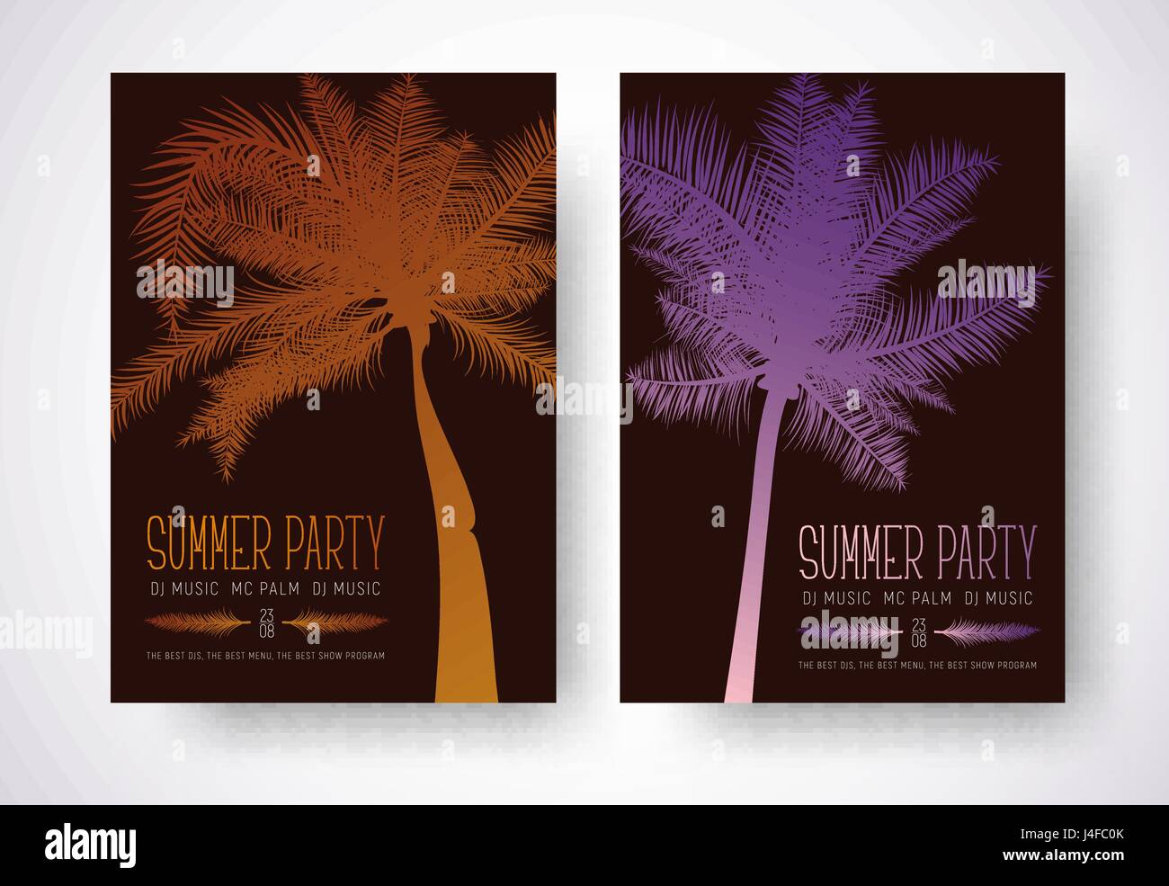 La conception d'un flyer pour une fête d'été. Modèle d'affiche avec palm orange et violet et le texte. Vector illustration Illustration de Vecteur