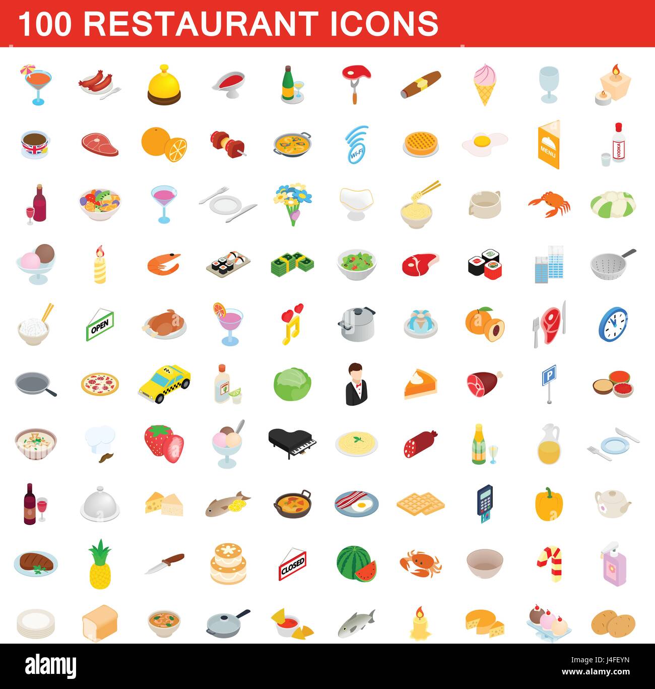 Restaurant 100 icons set, style 3D isométrique Illustration de Vecteur