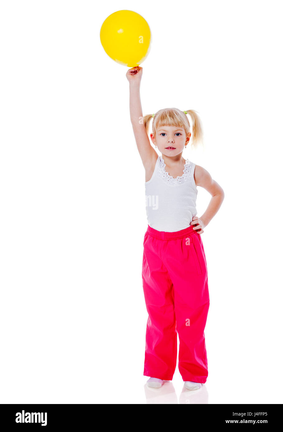 Little Girl Holding Balloon isolated on white Banque D'Images